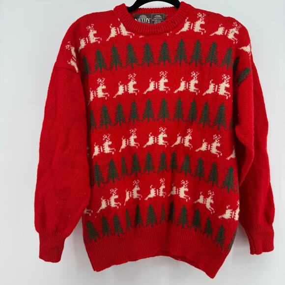 VINTAGE NETHY SHETLAND SWEATER Sz M Red New Wool Holiday Christmas Trees Deer - Picture 1 of 12